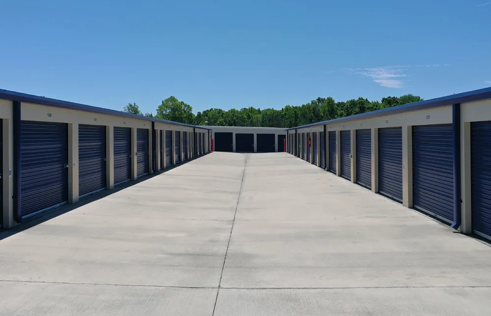 a long row of white and blue buildings