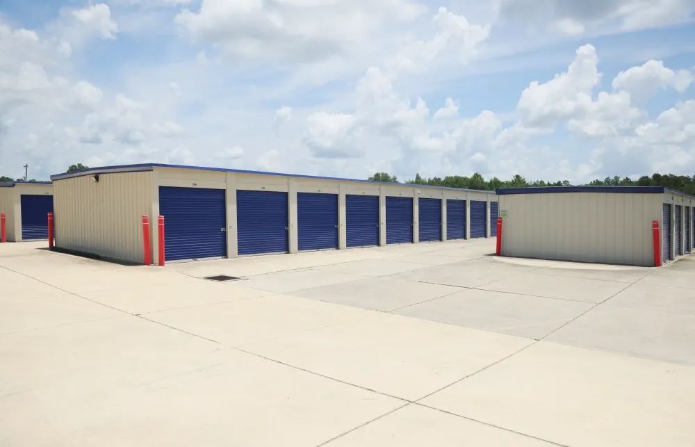 a building with blue doors