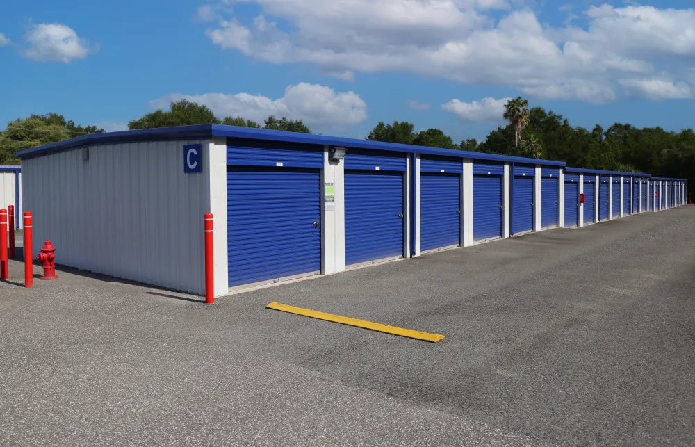 a row of blue and white containers