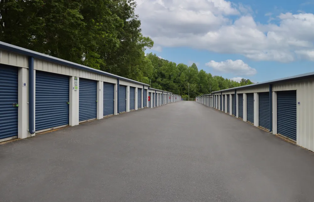 a row of white and blue storage containers