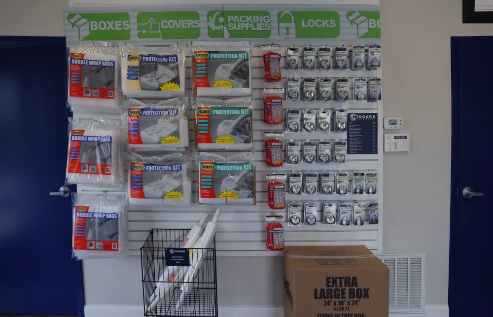 a shelf with boxes and products on it