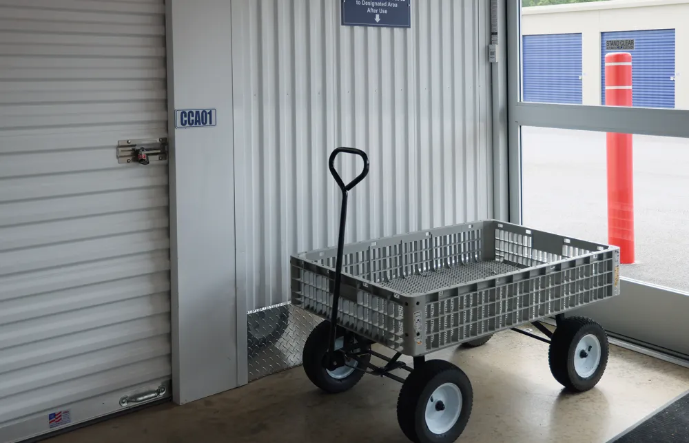 a shopping cart in a garage