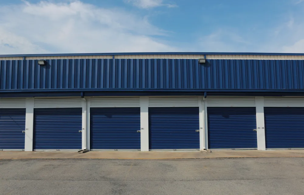 a building with blue doors