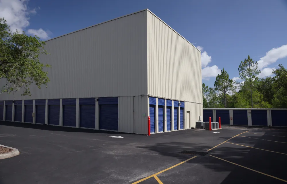 a building with blue doors