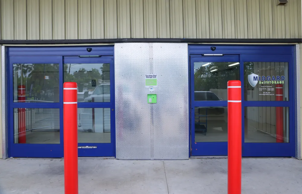 a building with blue doors