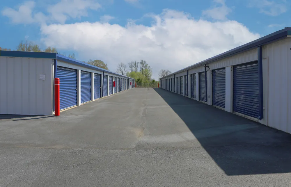 a row of white and blue containers