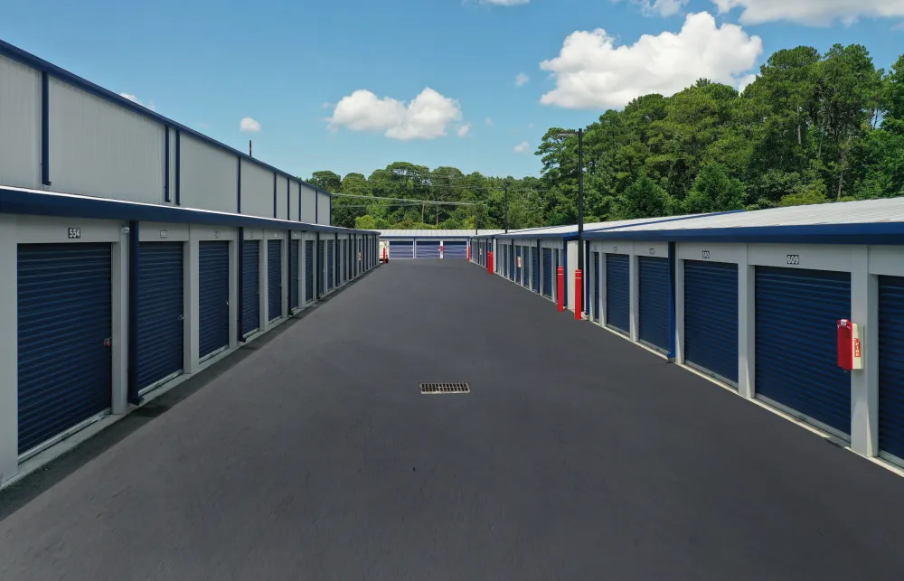 a row of blue and white buildings