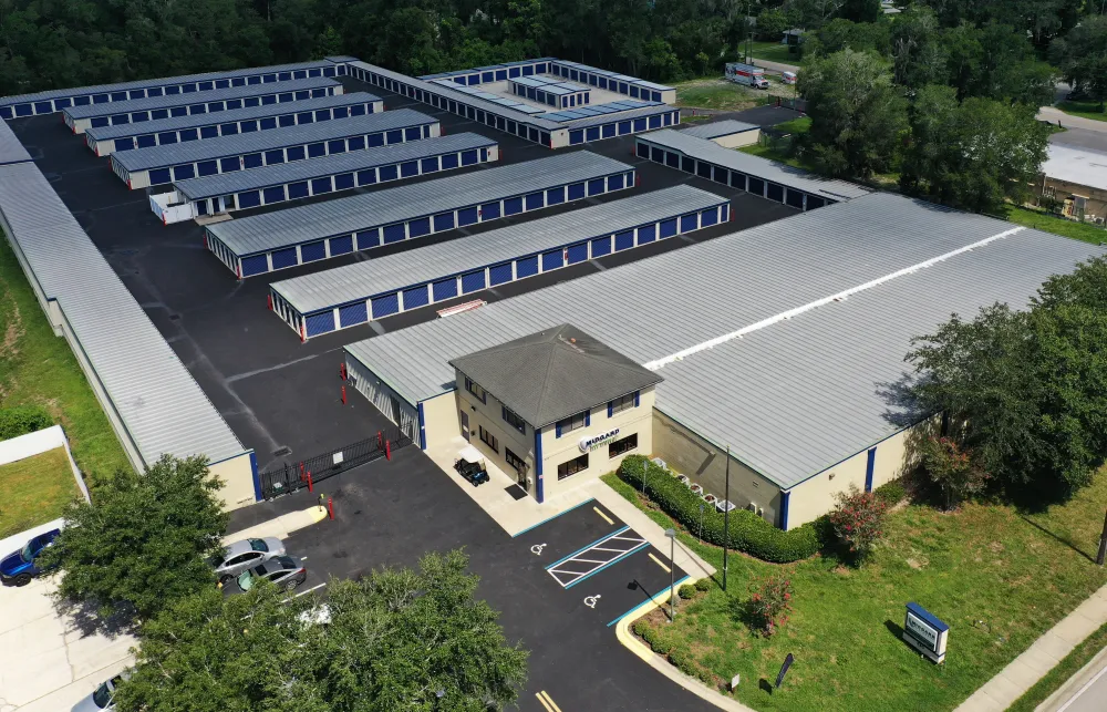 a building with a parking lot