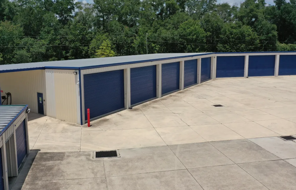 a building with blue doors