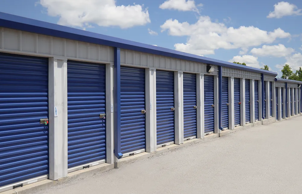 a row of blue doors