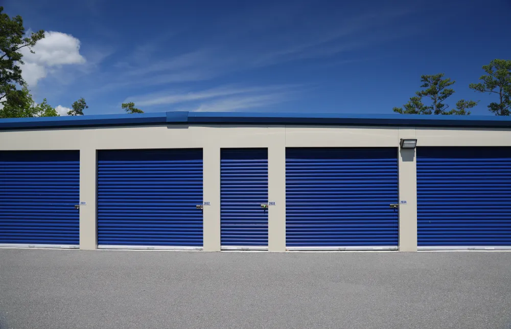 a building with blue doors