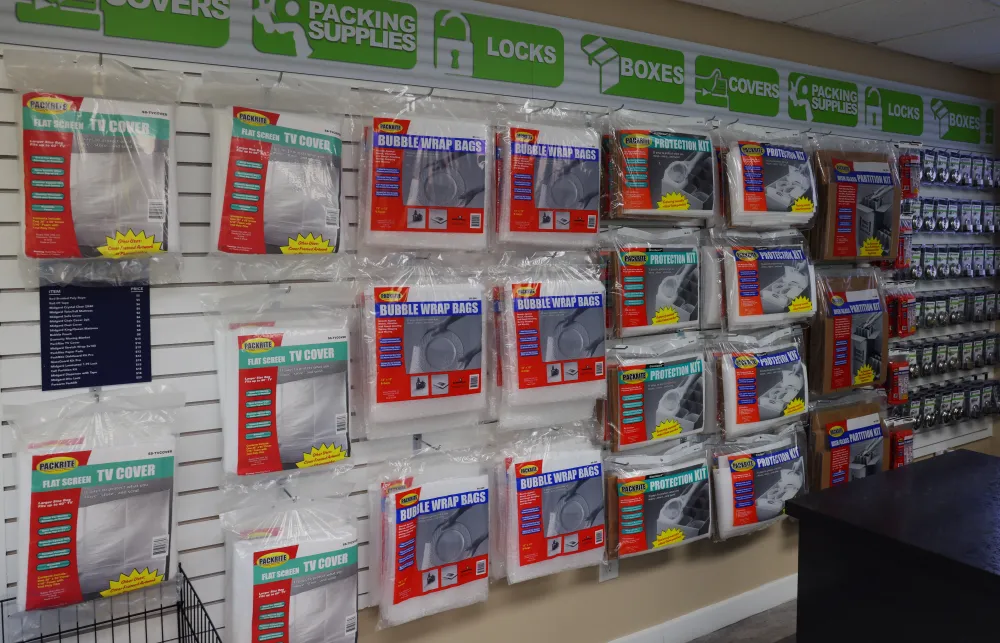 a shelf of products