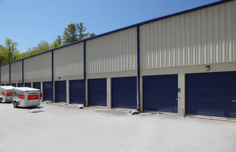 a building with blue doors