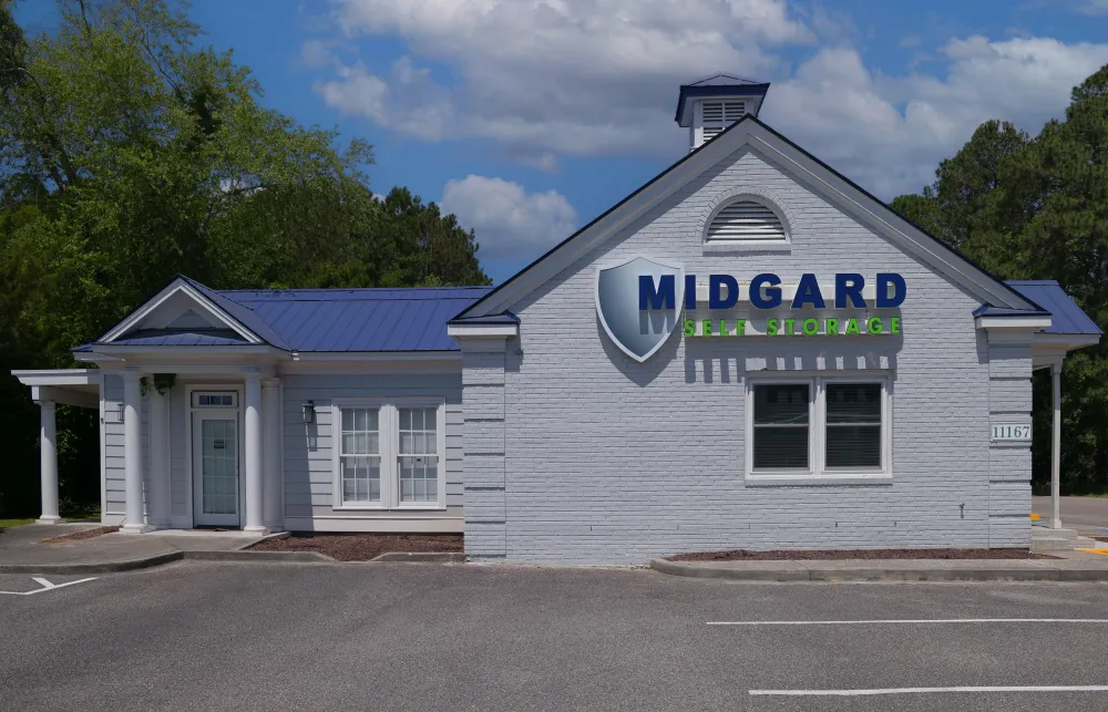 a white building with blue lettering