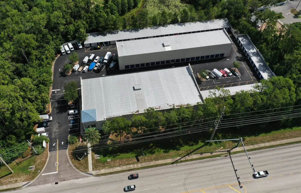 a building with a parking lot