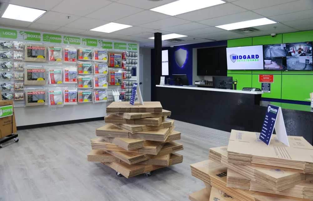 a room with shelves of wood