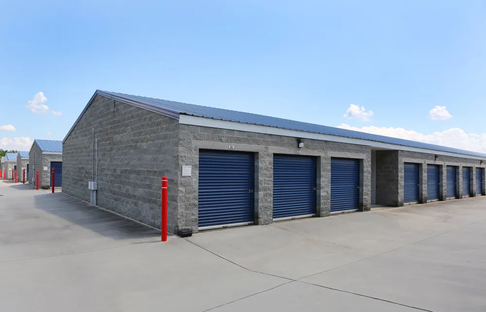 a building with blue doors