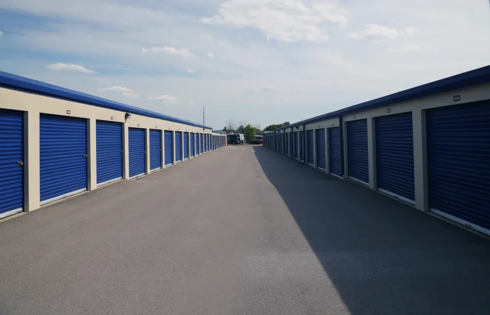 a row of blue and white buildings