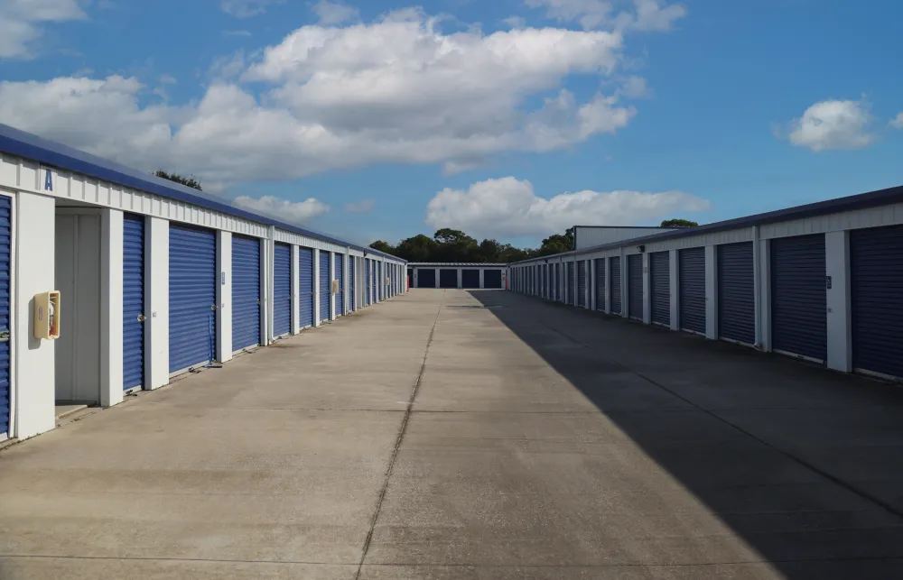 a row of white and blue lockers