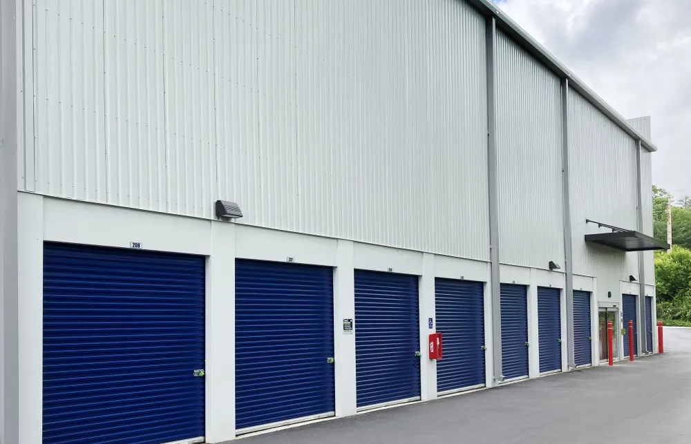 a building with blue doors