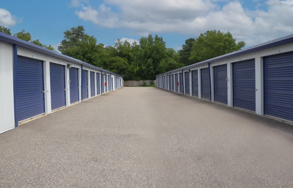 a row of white and blue buildings