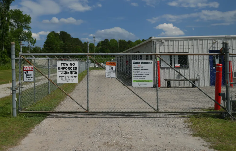 a gated off area with signs