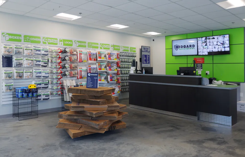 a store with shelves and a table