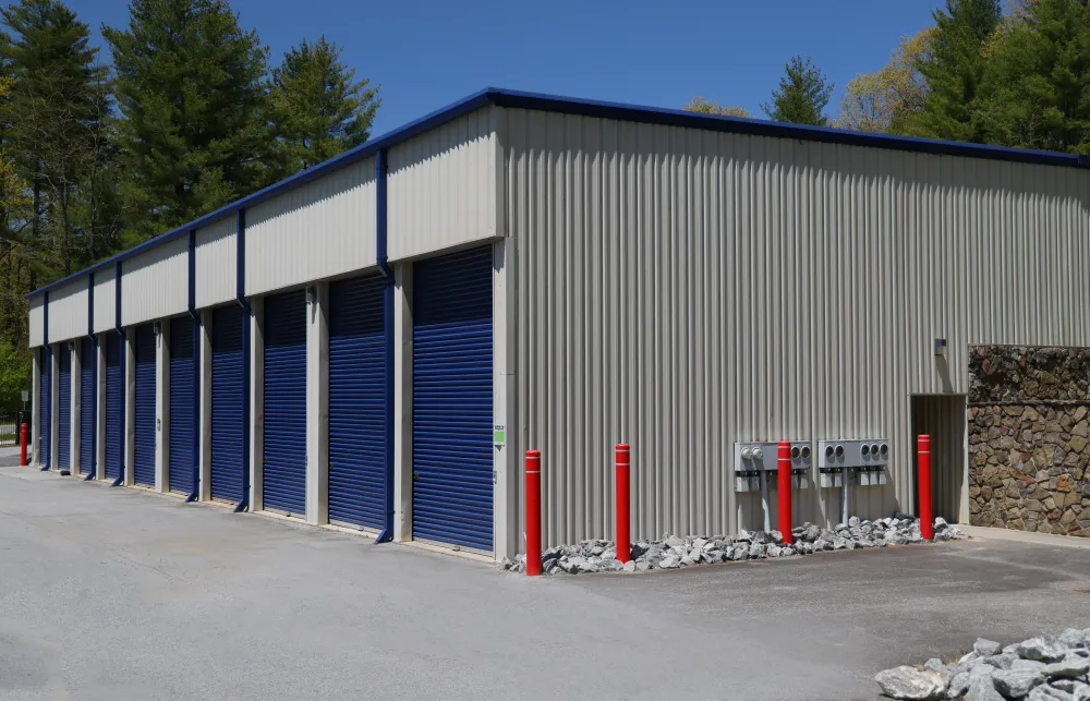 a building with blue doors