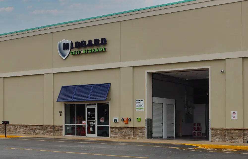 a store front with a blue awning