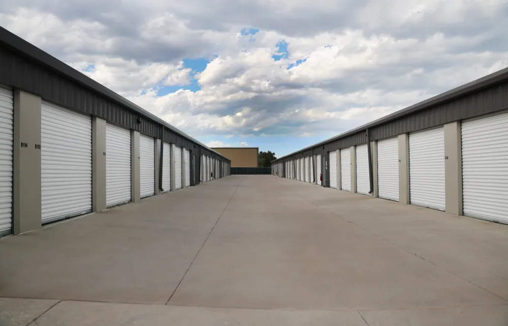 a row of white garage doors