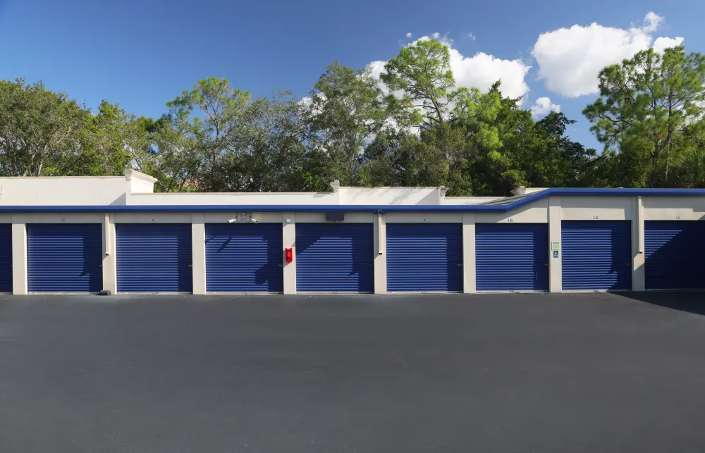 a building with blue doors