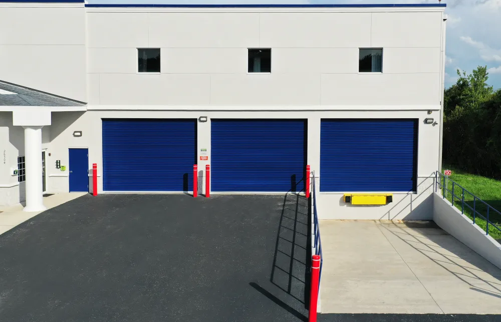 a building with blue doors