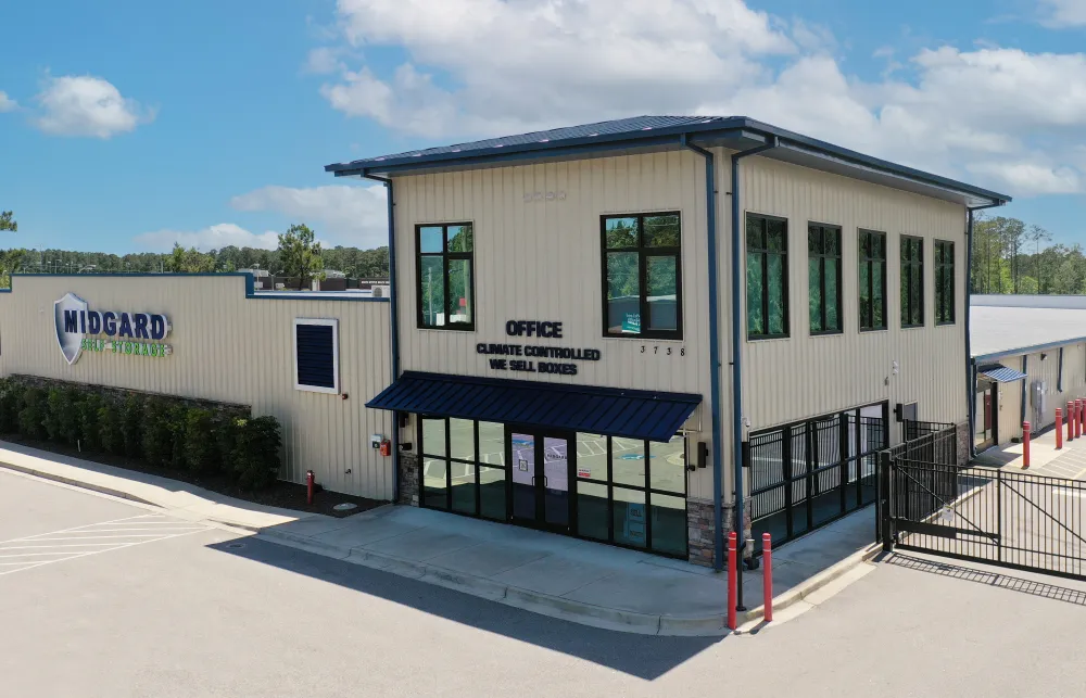 a building with a blue awning