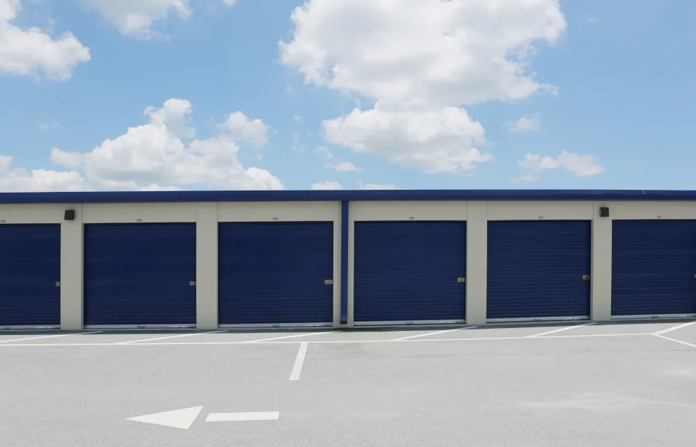 a building with blue doors