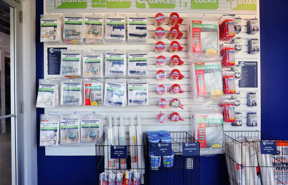 a shelf with products on it