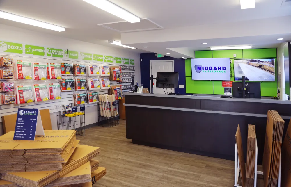 a store with shelves and a sign