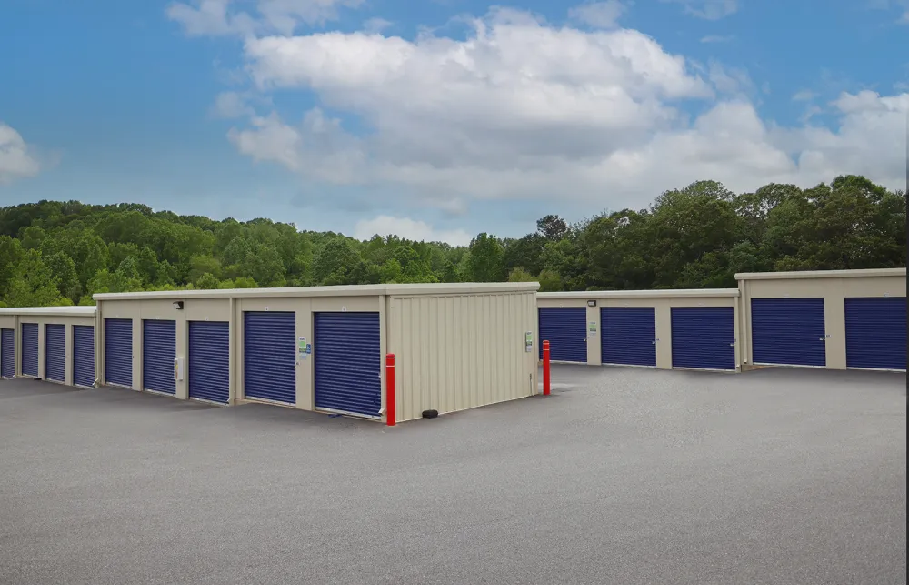 a row of blue and white storage containers