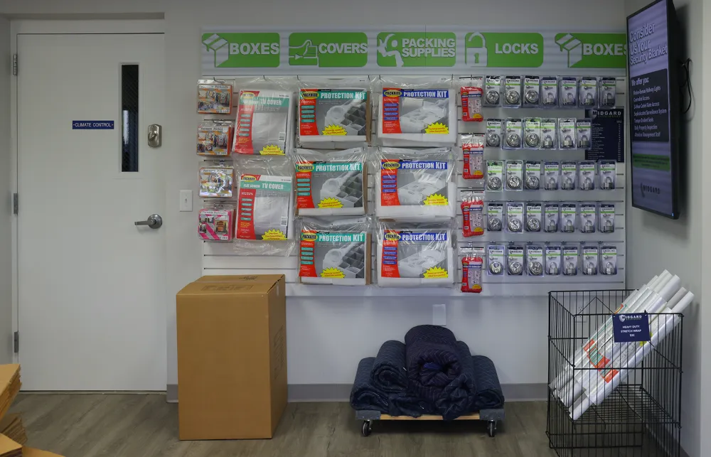 a room with shelves of products