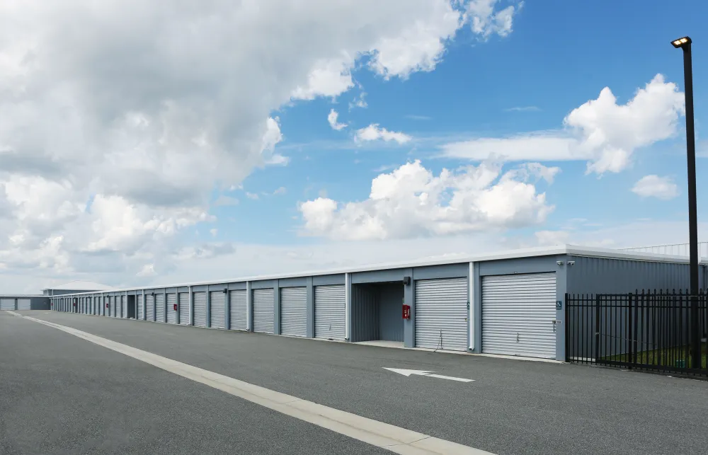 a row of garages on a road