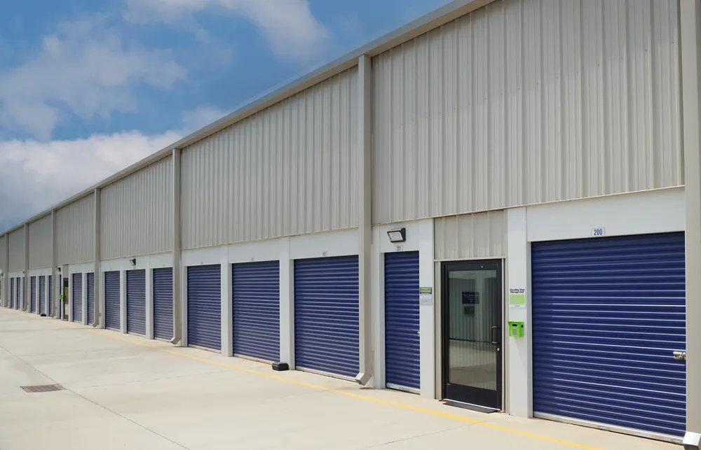 a building with blue doors