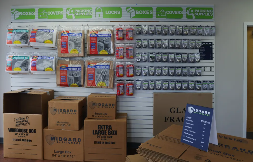 a shelf with boxes and boxes