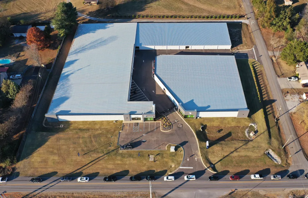 a building with a parking lot