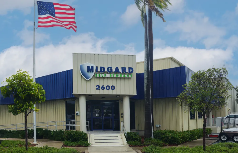 a building with a flag on the front