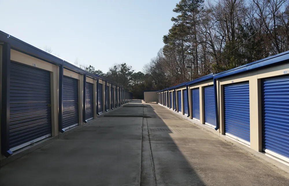 a row of blue lockers