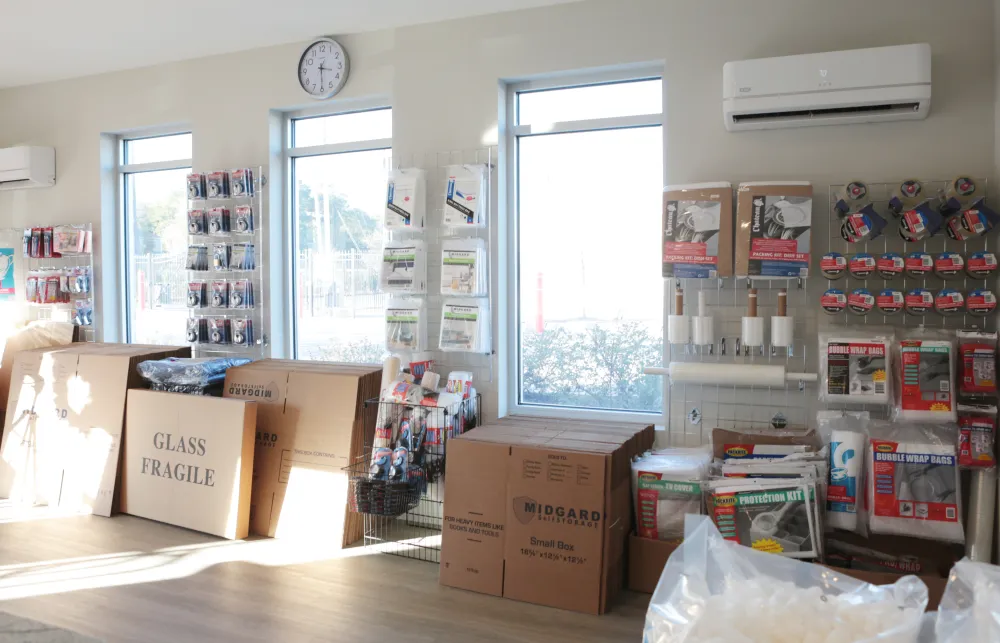 a room with boxes and shelves