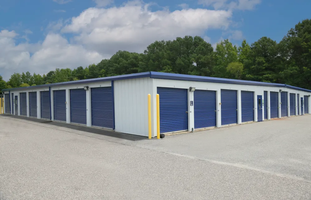 a building with blue doors