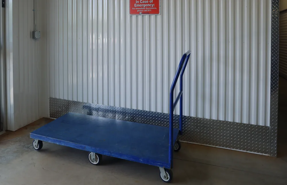 a blue cart with wheels