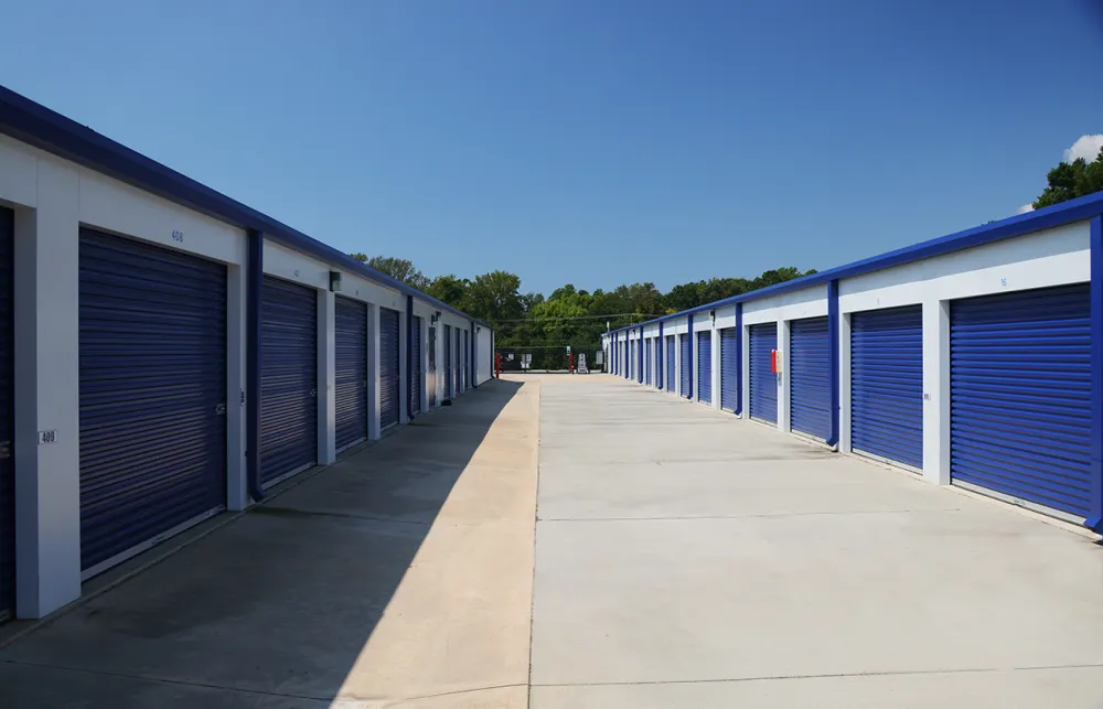 a row of white and blue buildings