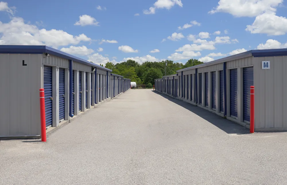 a row of white and blue containers