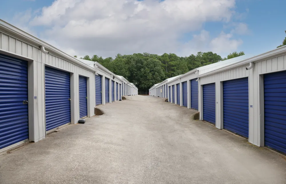 Row of storage units with blue roll-up doors on both sides under cloudy sky and trees in the background